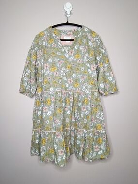 Cynthia Rowley Babydoll Floral Tiered Babydoll Dress XL Sage Green Linen Blend